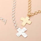 Hammered Matte Metal Cross Pendant Chunky Chain Toggle Necklace