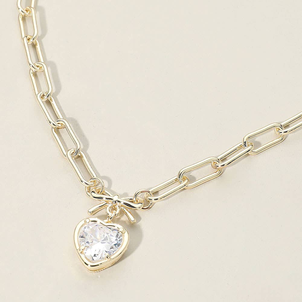 14K Gold Plated Bow Top Heart CZ Stone Bezel Pendant Necklace