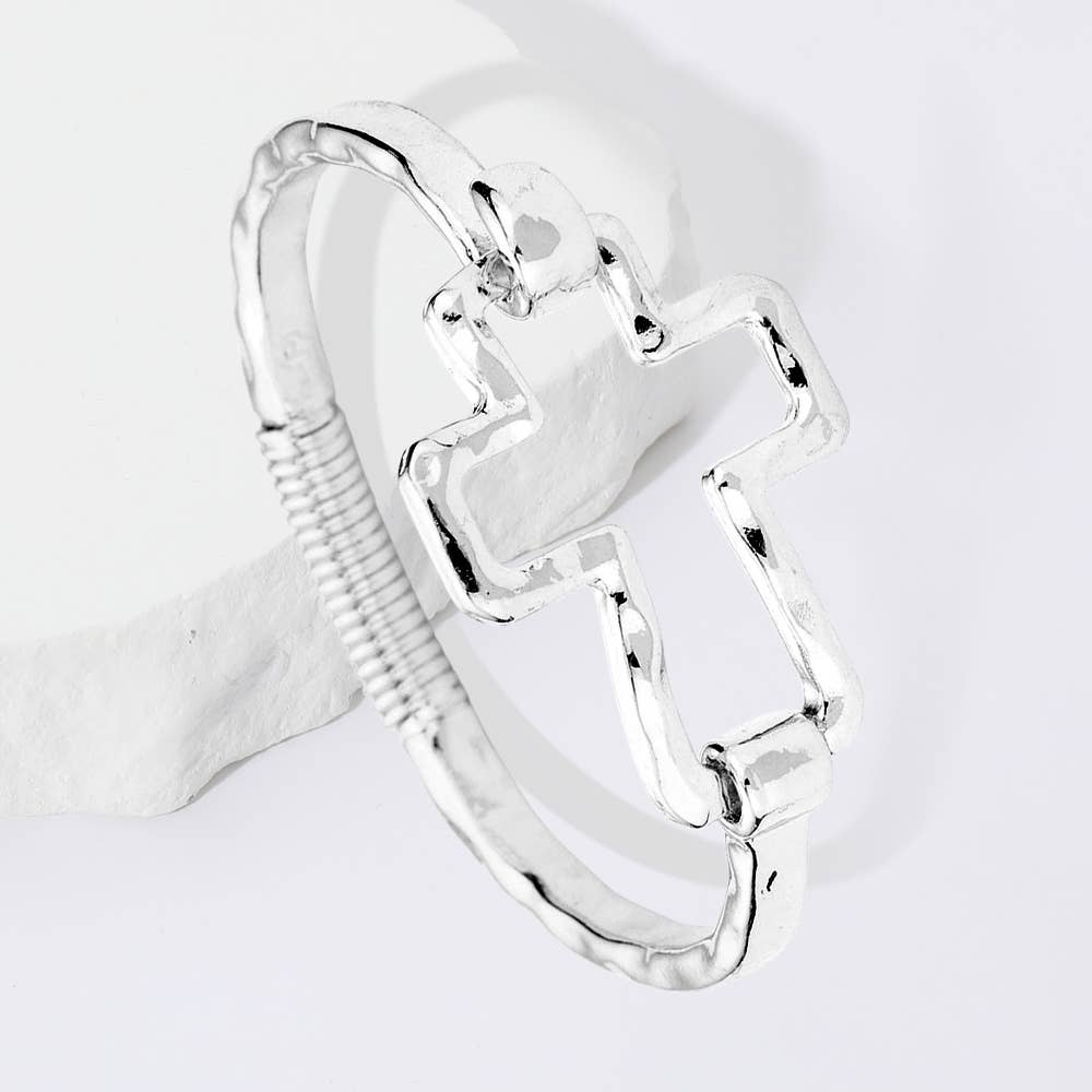 Hammered Open Metal Cross Hook Bracelet