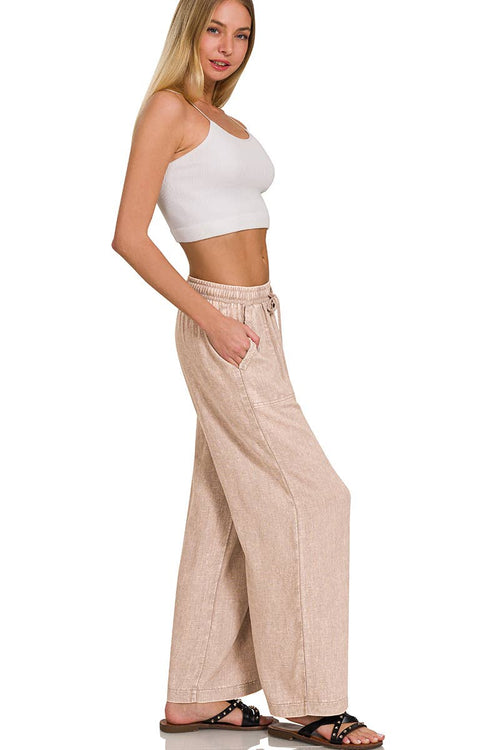 Acid Wash Linen Blend Elastic Band Waist Pants
