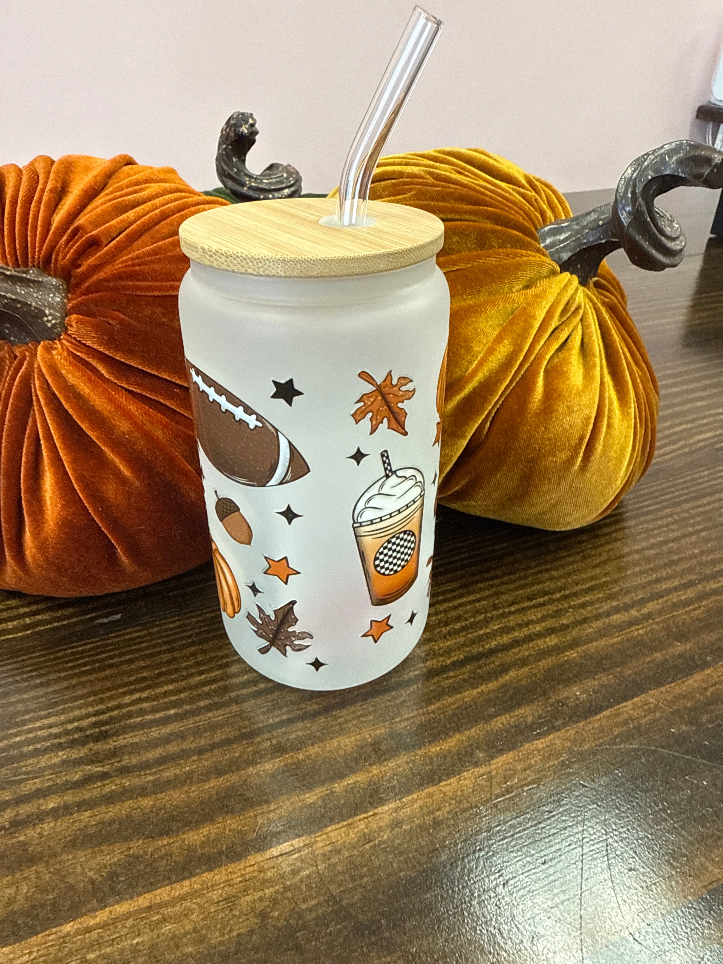 Football Ghostie Uvdtf Glass Cup w/ Glass Straw