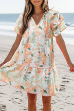 Floral Contrast Edge Tied Neck Mini Dress