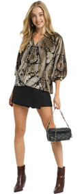 Damask Print Velvet Split Neck Top