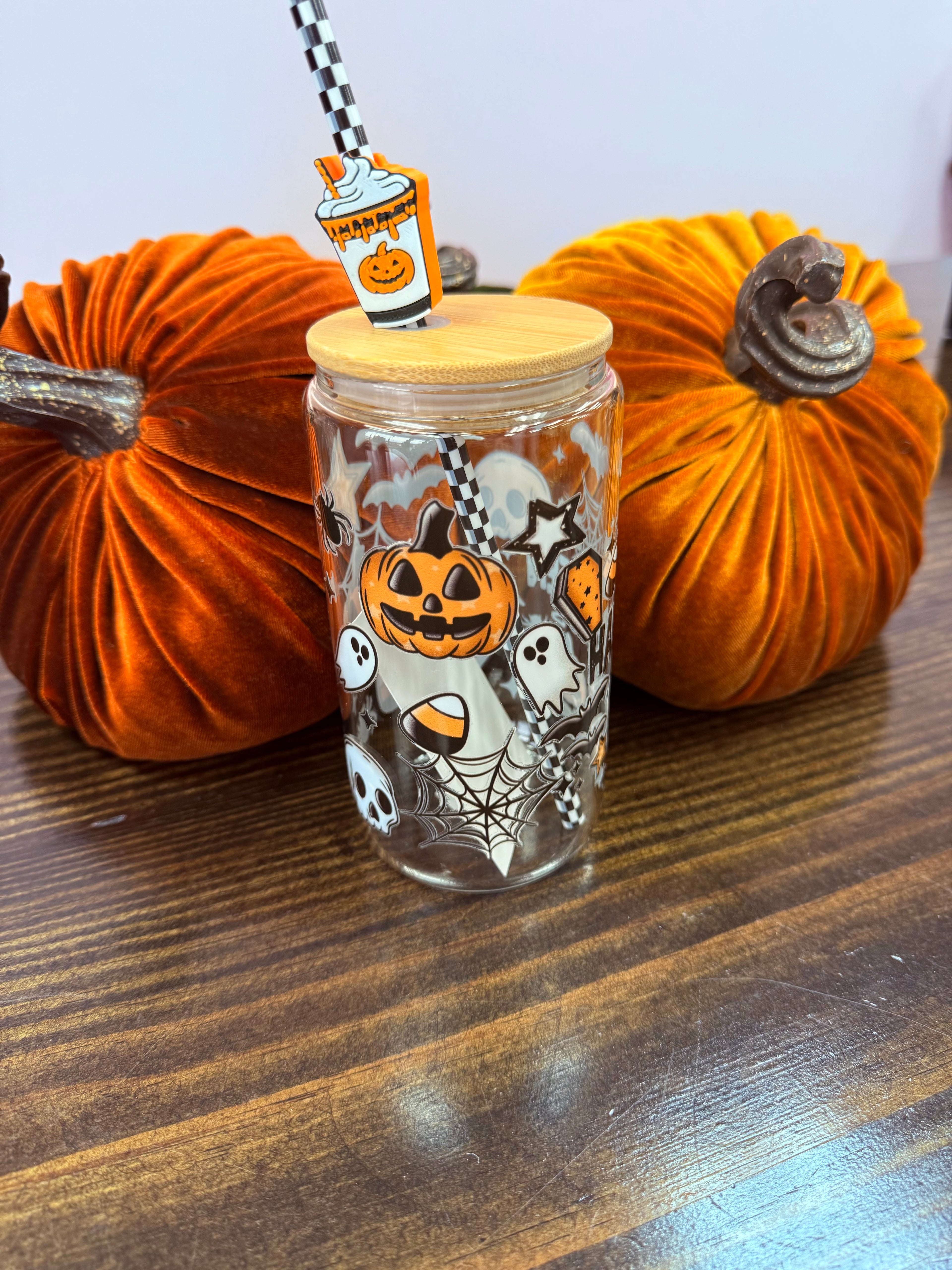 Uvdtf 16oz Glass Cups w/ Glass Straw Fall & Halloween Styles