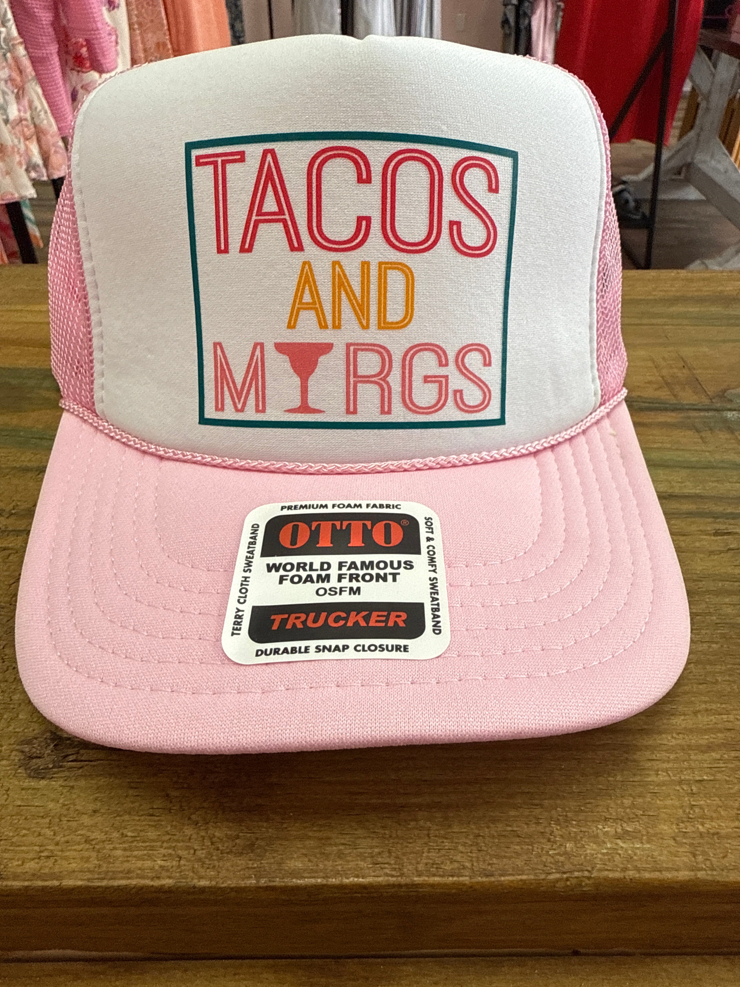 Tacos and Margs DTF Printed Light Pink & White Trucker Hat