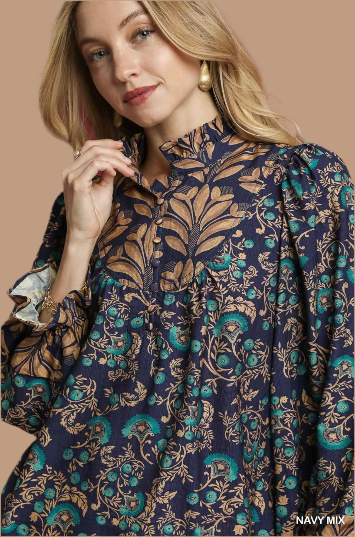 Mixed Print Ruffle Neck Top