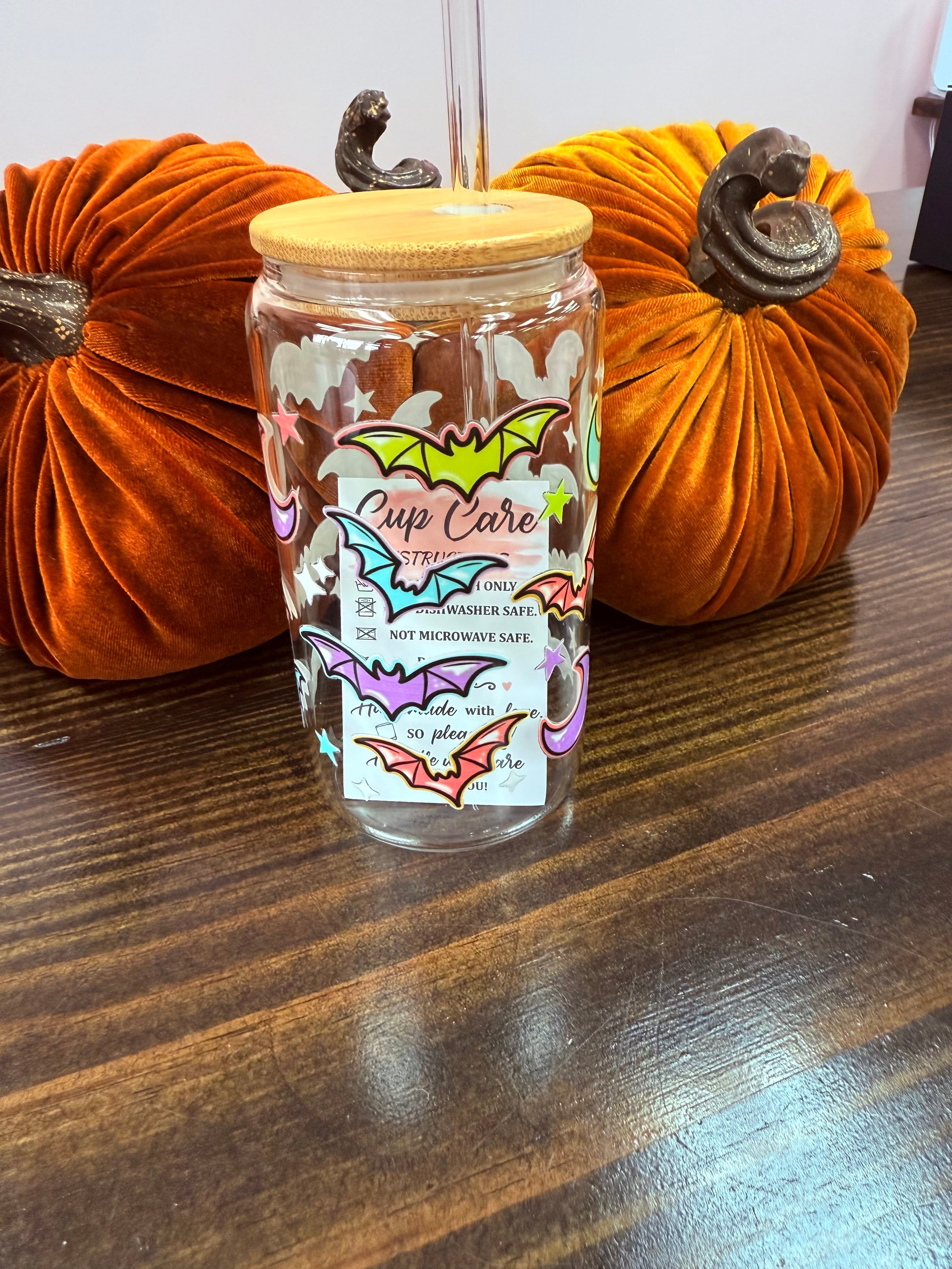 Uvdtf 16oz Glass Cups w/ Glass Straw Fall & Halloween Styles