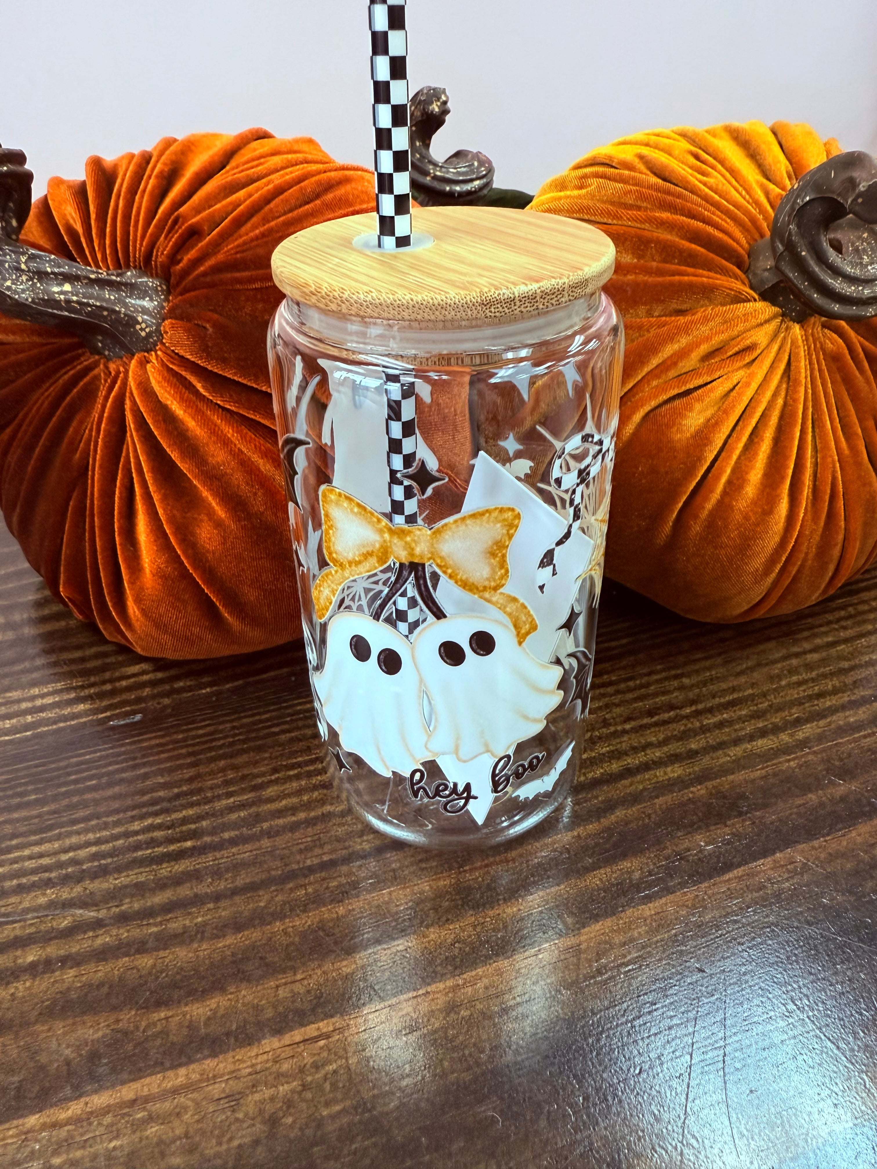 Uvdtf 16oz Glass Cups w/ Glass Straw Fall & Halloween Styles