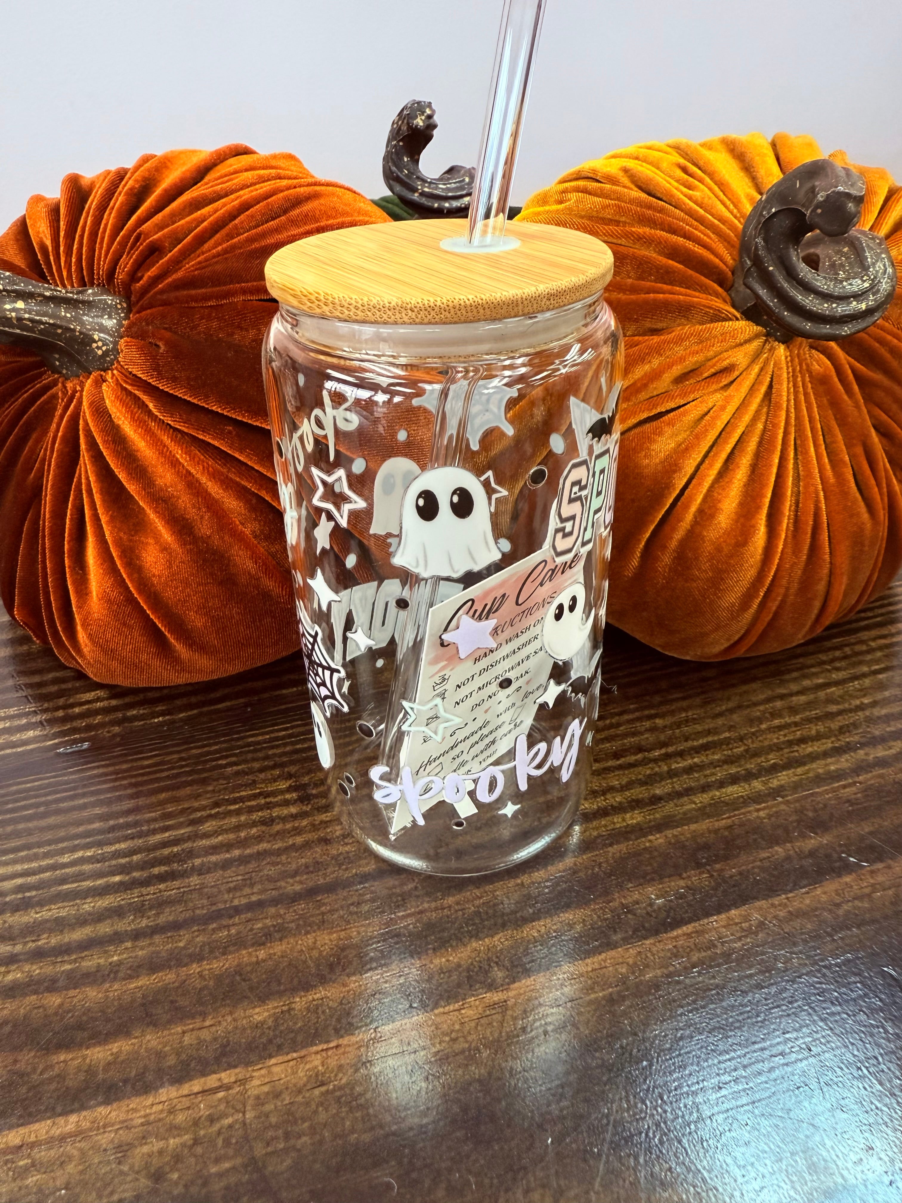 Uvdtf 16oz Glass Cups w/ Glass Straw Fall & Halloween Styles