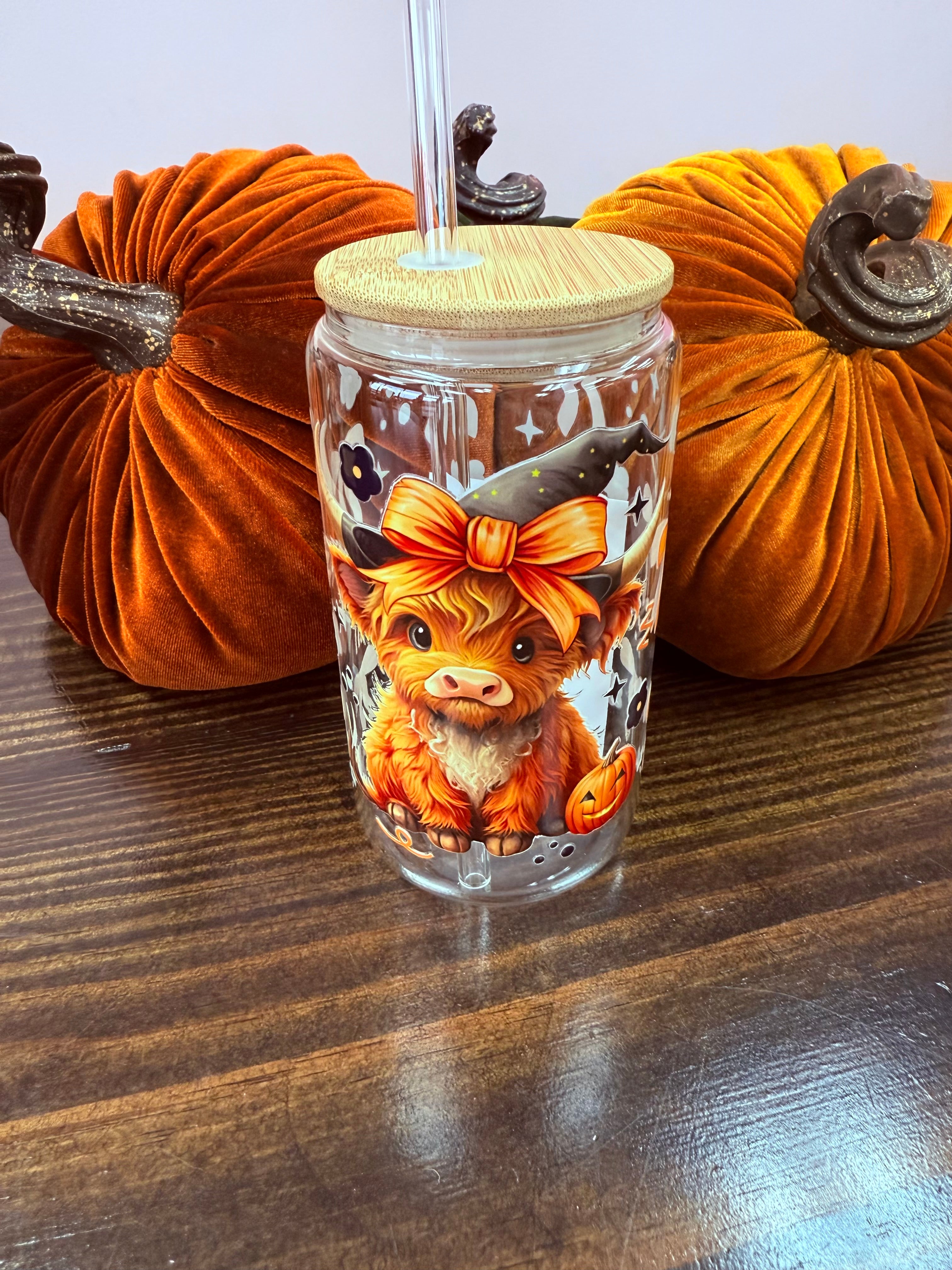 Uvdtf 16oz Glass Cups w/ Glass Straw Fall & Halloween Styles