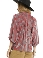 Damask Print Velvet Split Neck Top
