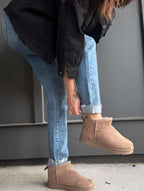 CAMEL FAUX SUEDE ULTRA MINI COZY SNOW ANKLE BOOTS