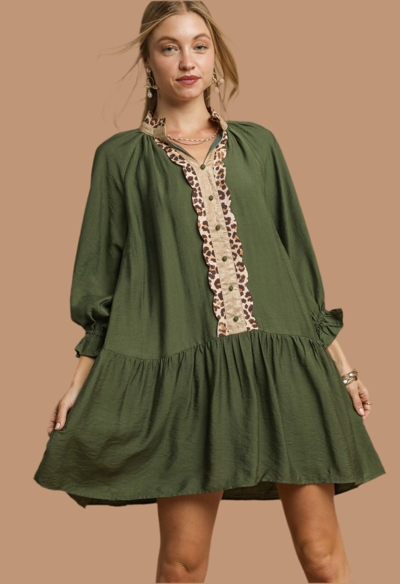 Tiered Tunic Dress with Leopard Trim Detail