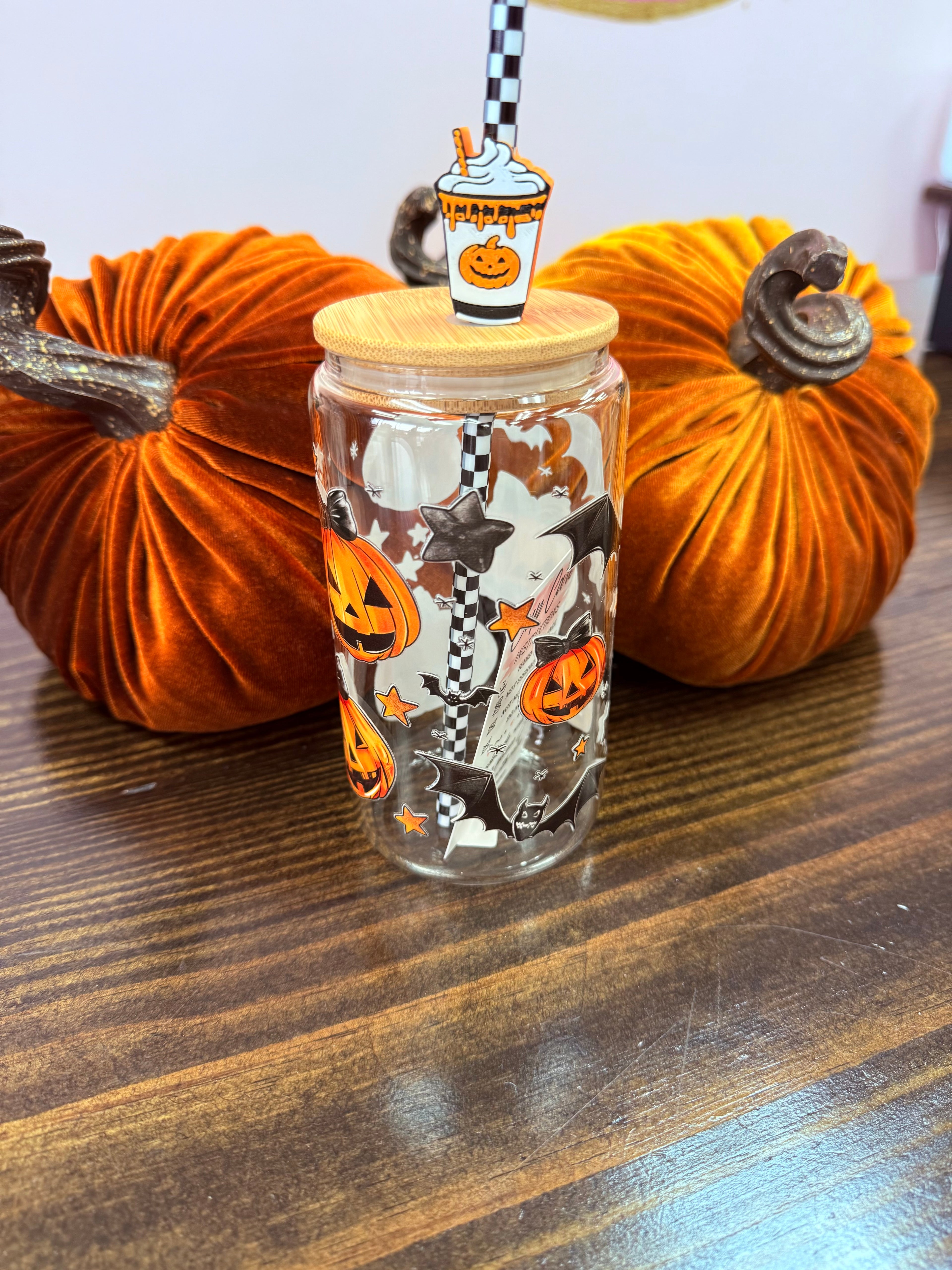 Uvdtf 16oz Glass Cups w/ Glass Straw Fall & Halloween Styles