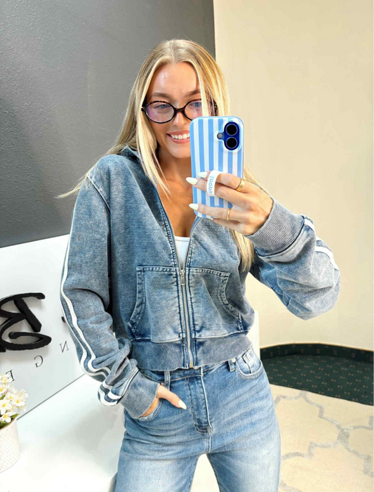 Washed Denim Blue Zip-Up Hoodie