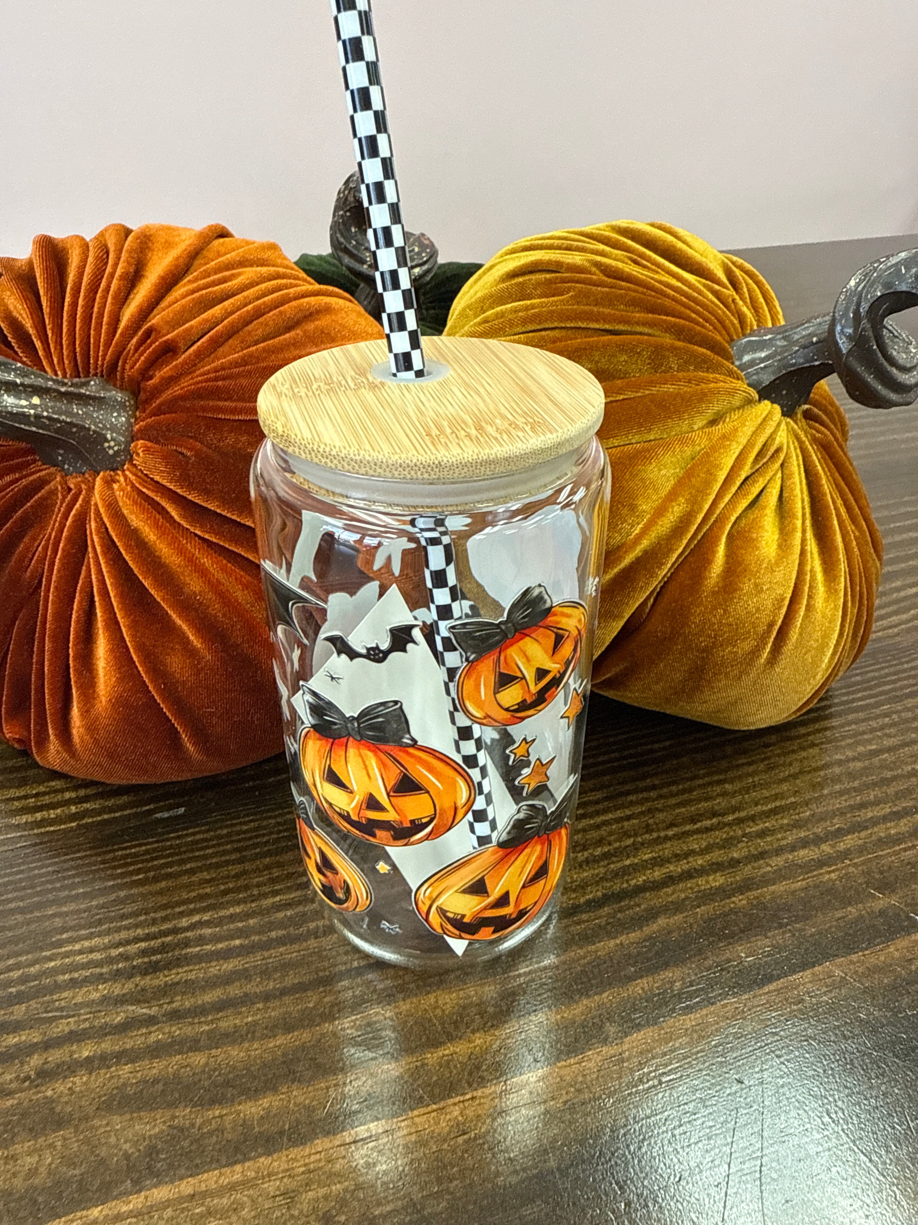 Uvdtf 16oz Glass Cups w/ Glass Straw Fall & Halloween Styles