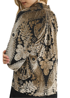 Damask Print Velvet Split Neck Top