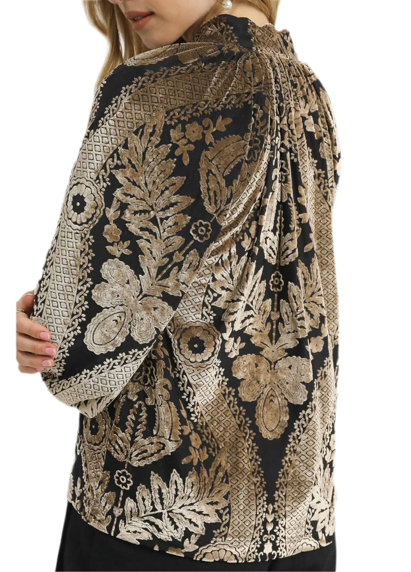 Damask Print Velvet Split Neck Top