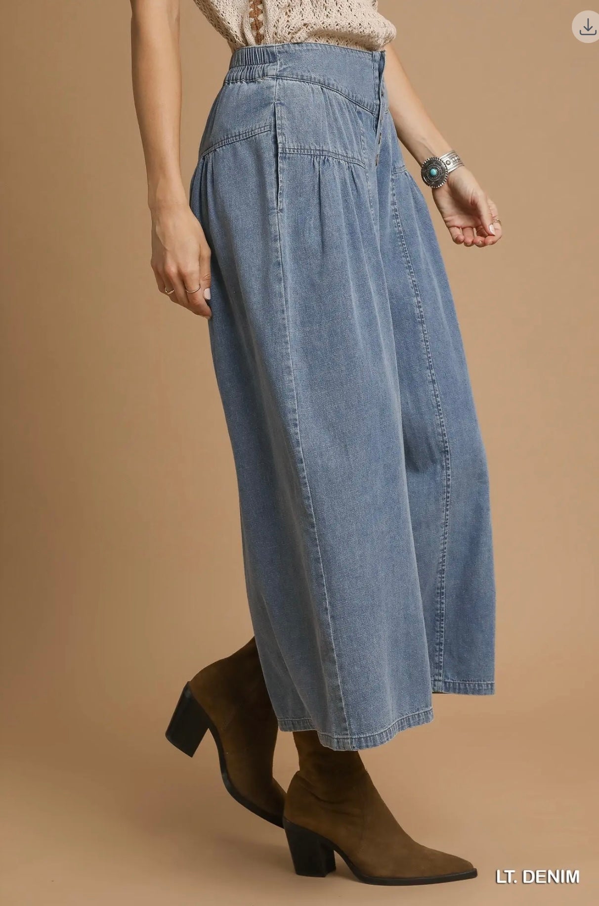 Stone Washed Wide-Leg Culottes