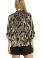 Damask Print Velvet Split Neck Top