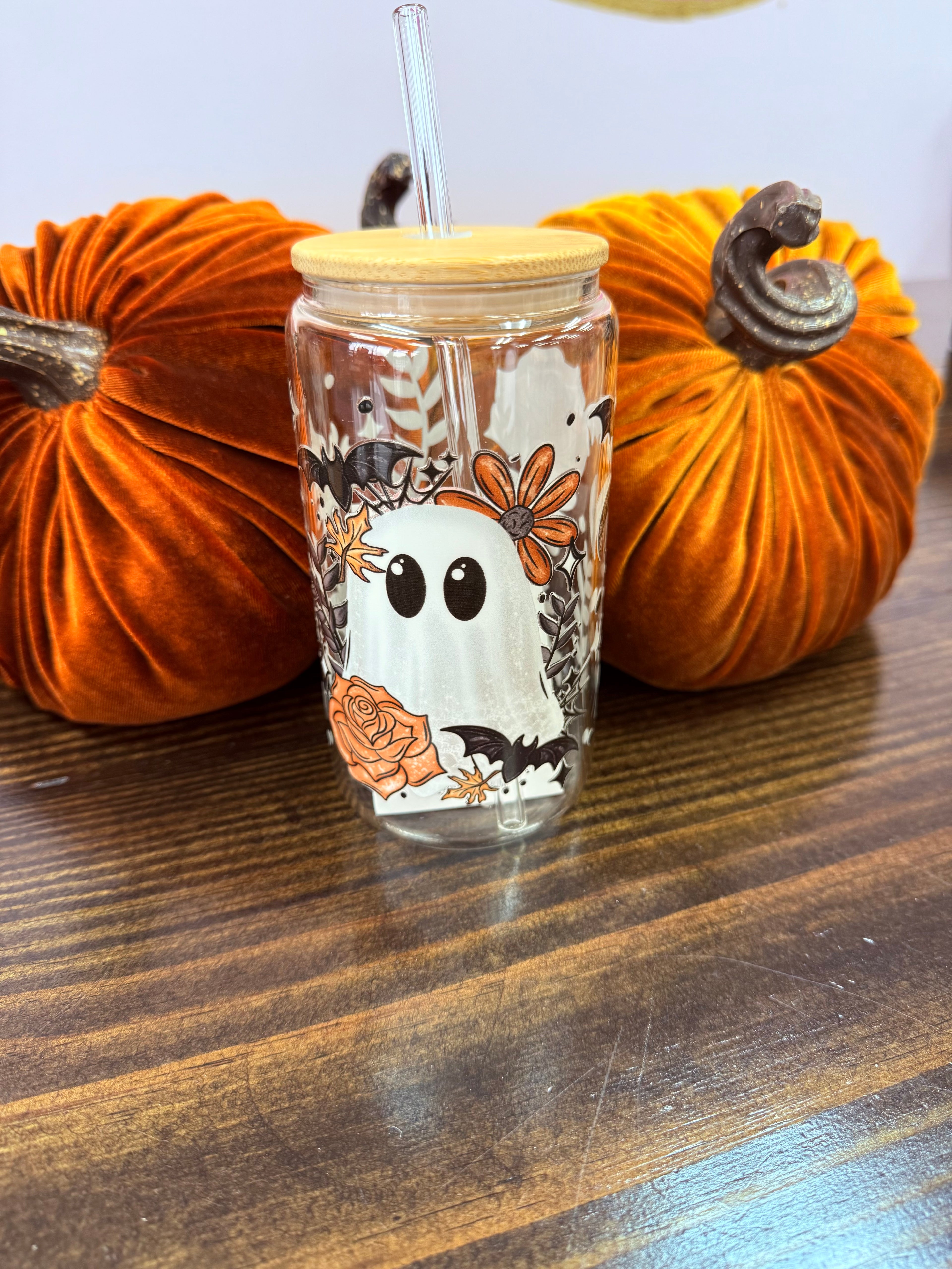 Uvdtf 16oz Glass Cups w/ Glass Straw Fall & Halloween Styles