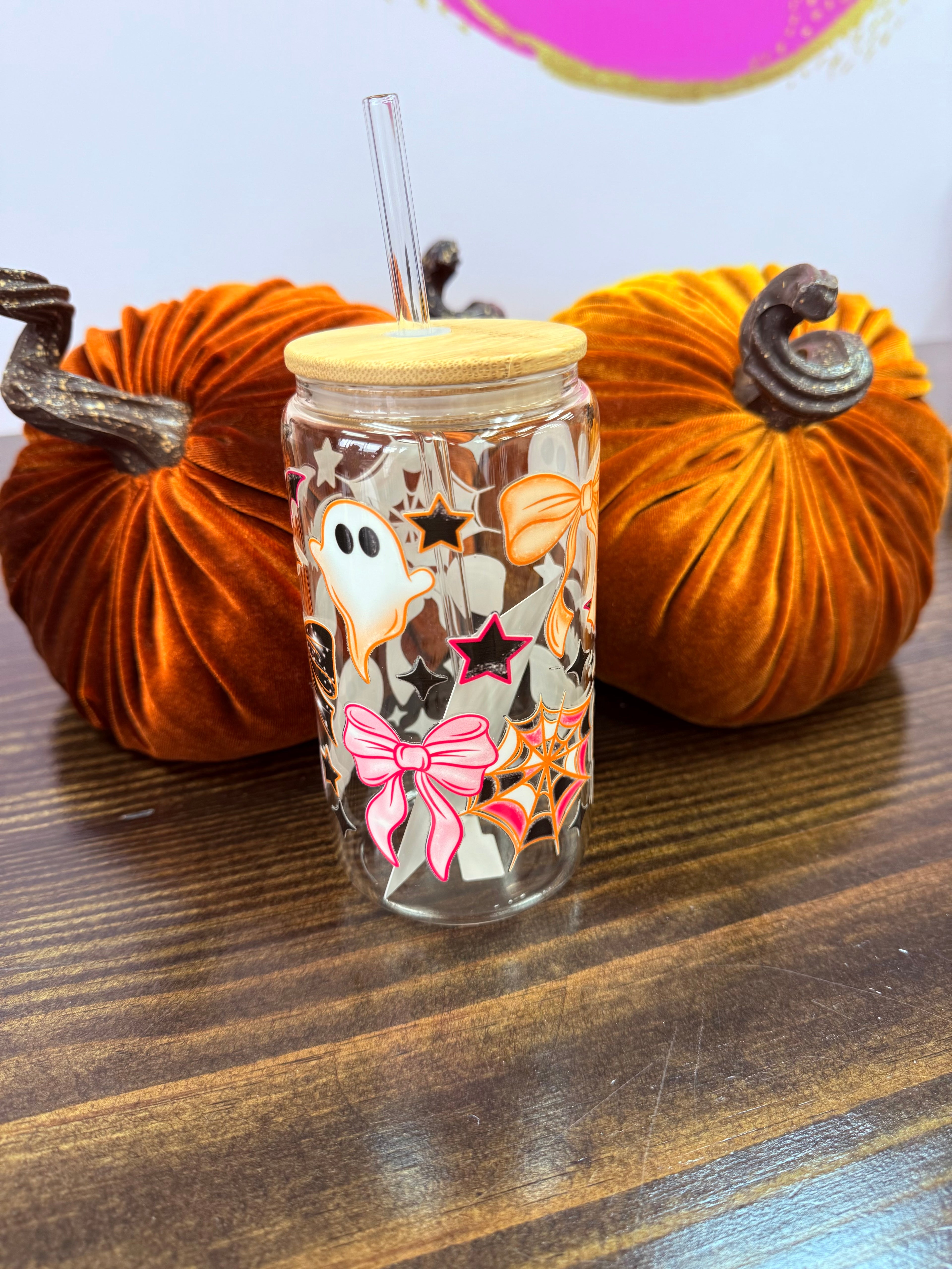 Uvdtf 16oz Glass Cups w/ Glass Straw Fall & Halloween Styles