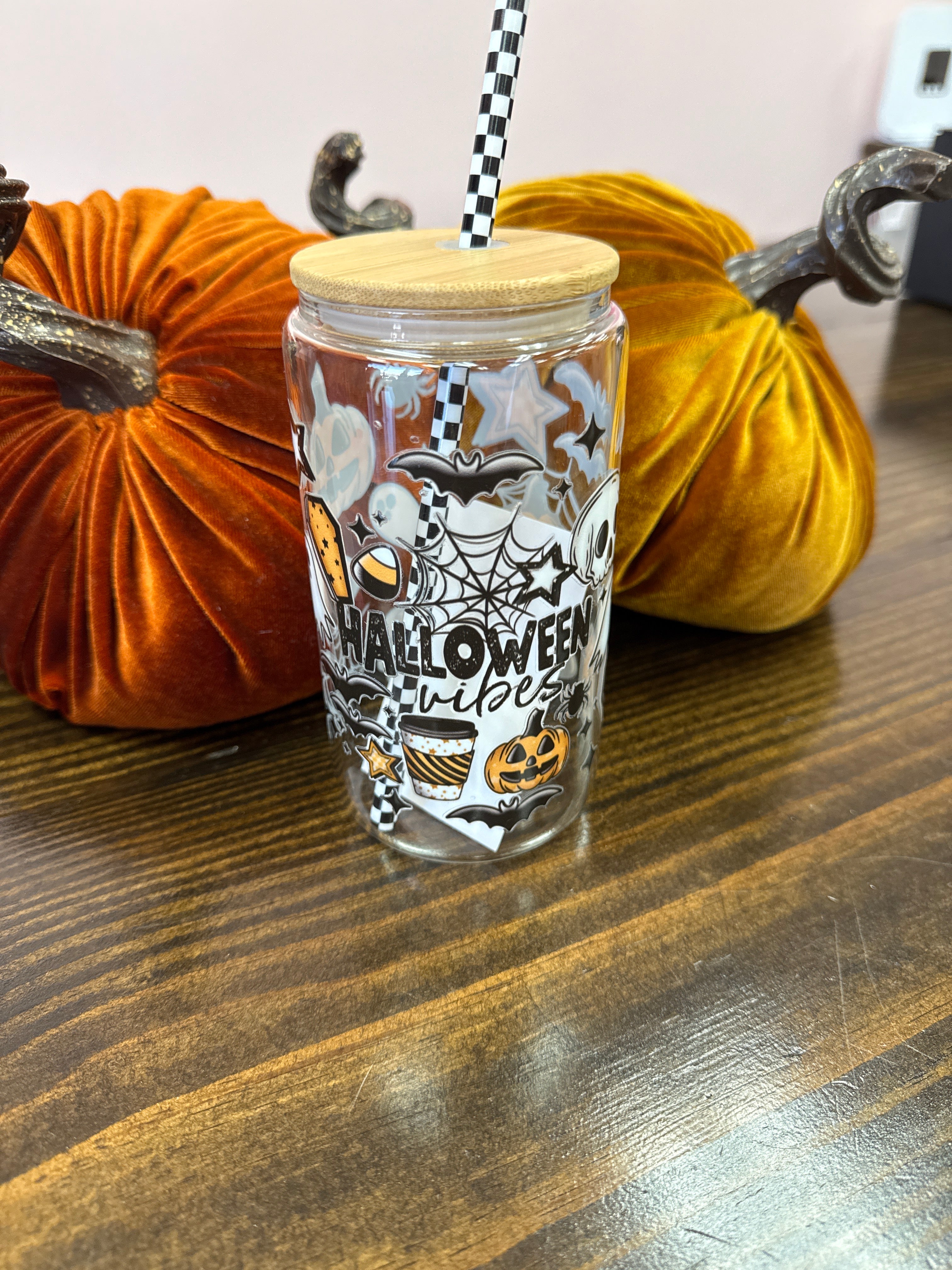 Uvdtf 16oz Glass Cups w/ Glass Straw Fall & Halloween Styles