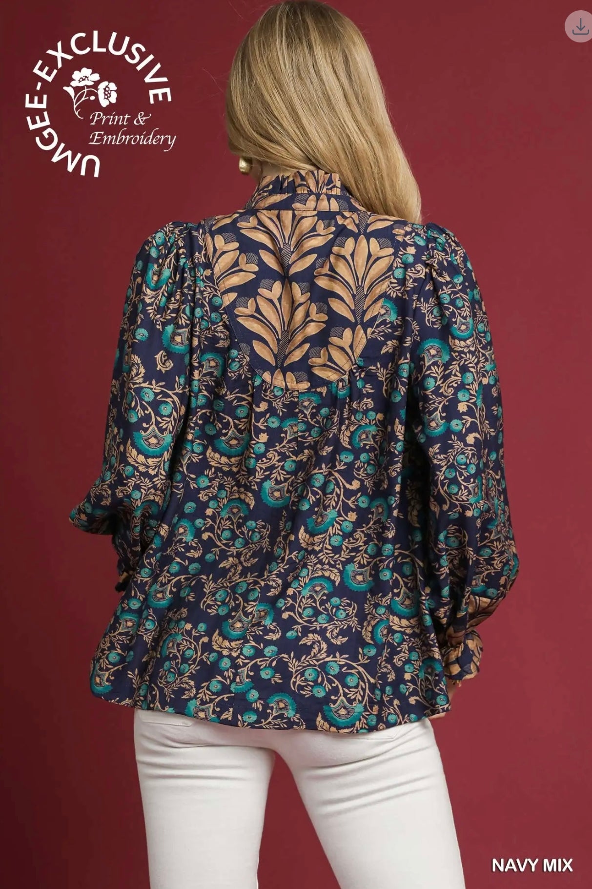 Mixed Print Ruffle Neck Top