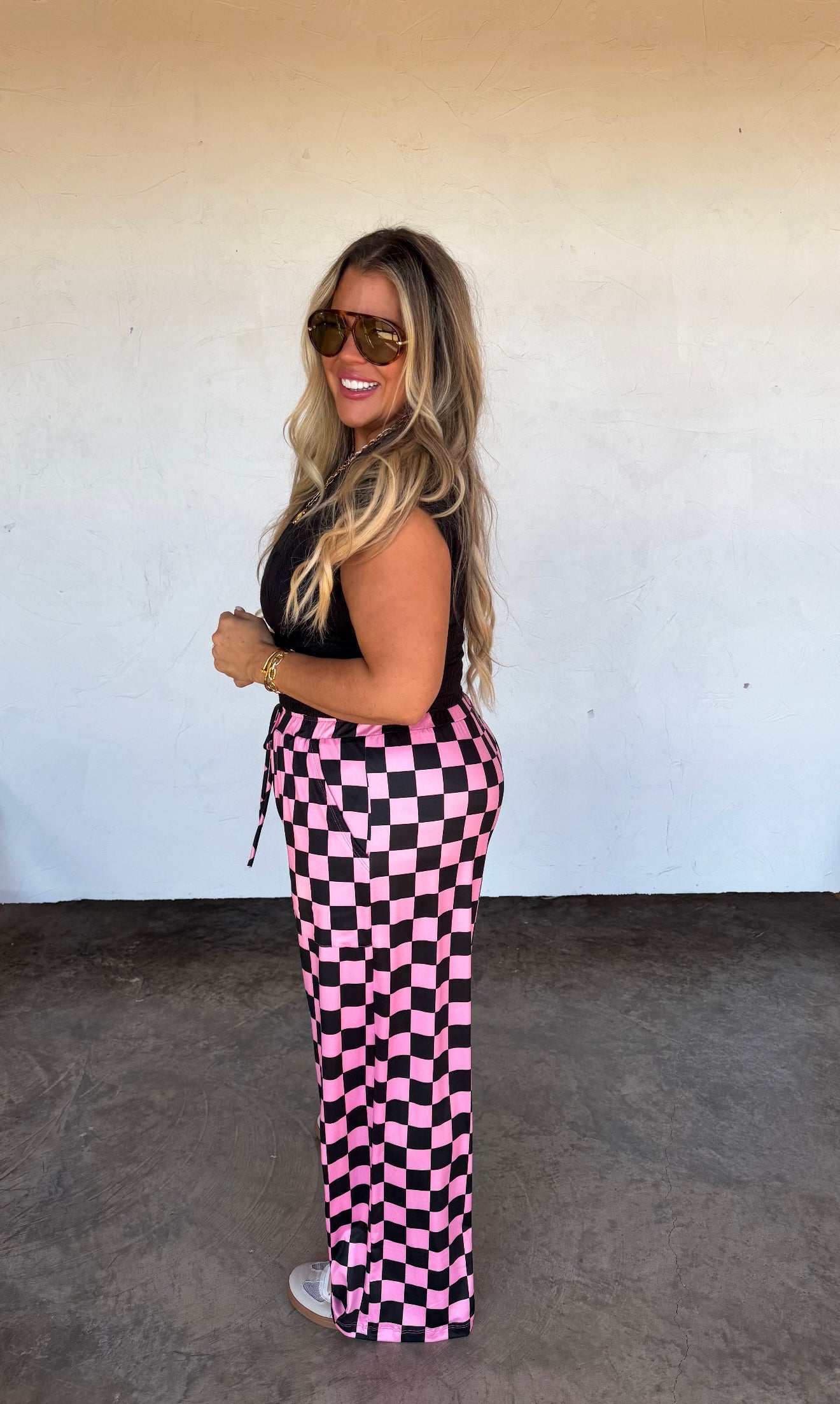 Haddie Wide Leg Pants Black/Pink Checkered