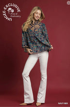Mixed Print Ruffle Neck Top