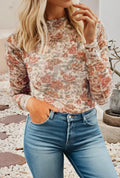 Retro Floral Mock Neck Mesh Top