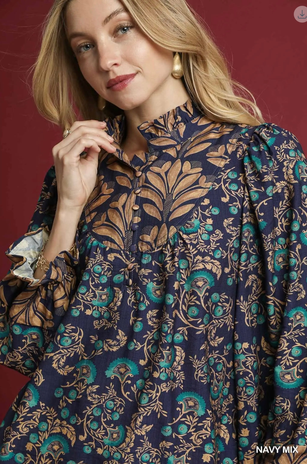Mixed Print Ruffle Neck Top