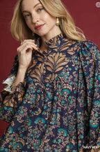 Mixed Print Ruffle Neck Top