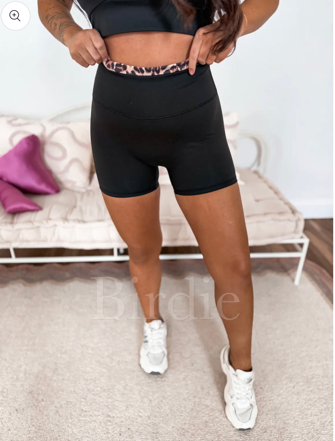 Birdie Black Biker Short with Leopard Trim