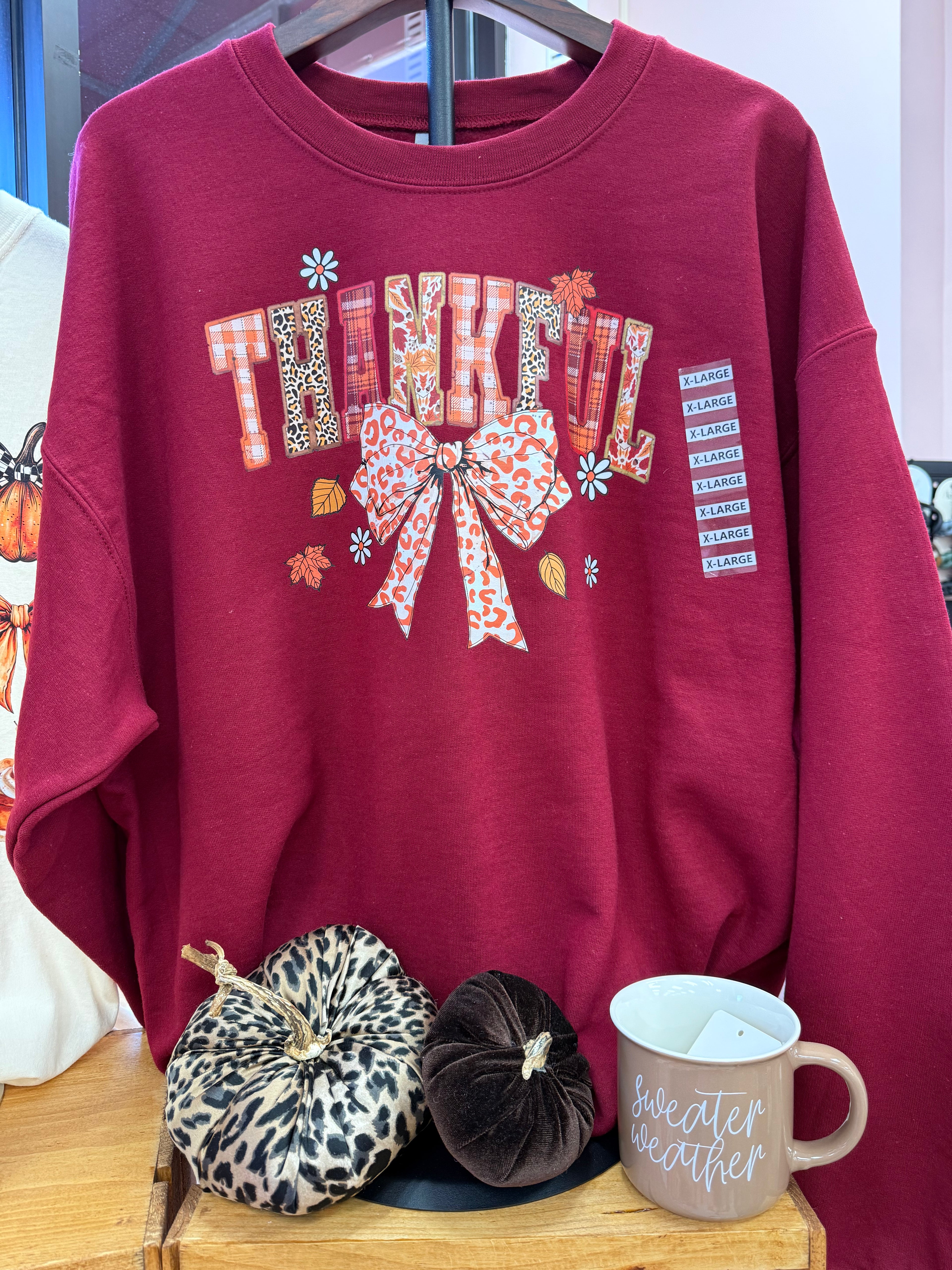 Thankful Crewneck on Burgandy