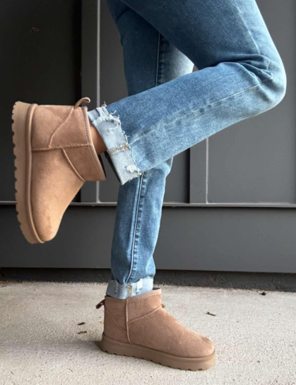 CAMEL FAUX SUEDE ULTRA MINI COZY SNOW ANKLE BOOTS