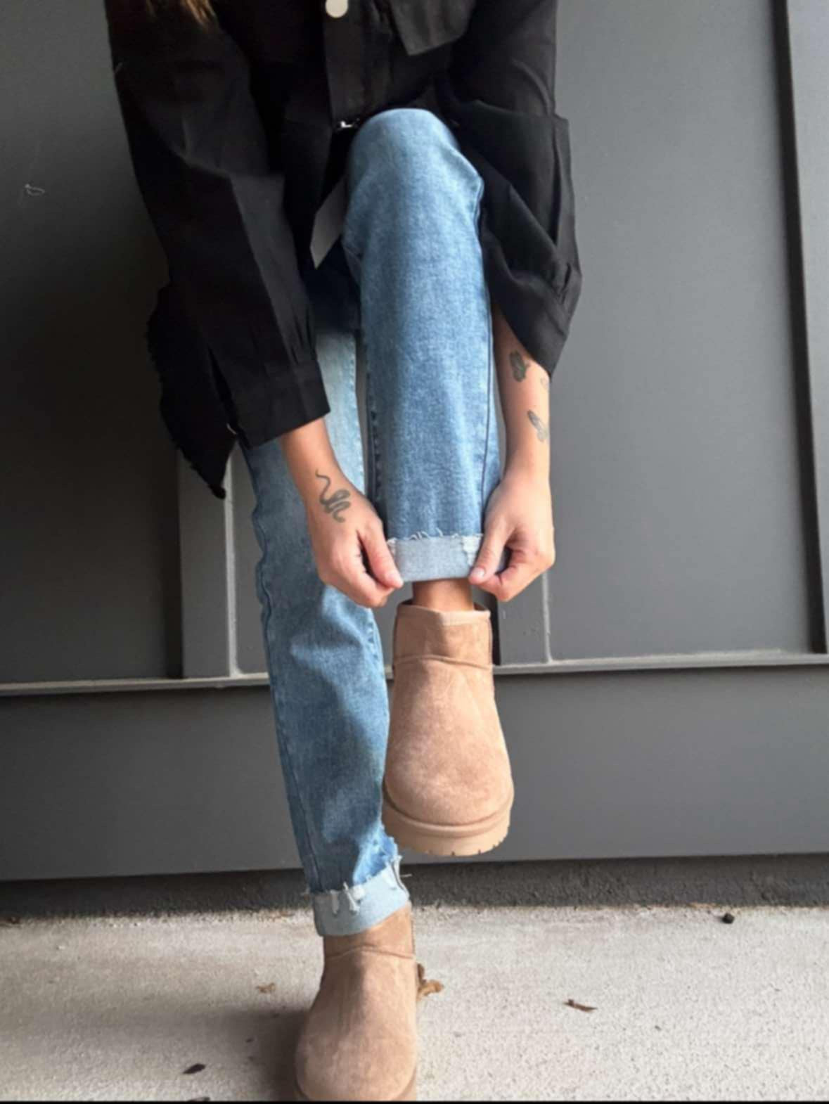 CAMEL FAUX SUEDE ULTRA MINI COZY SNOW ANKLE BOOTS