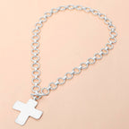 Hammered Matte Metal Cross Pendant Chunky Chain Toggle Necklace