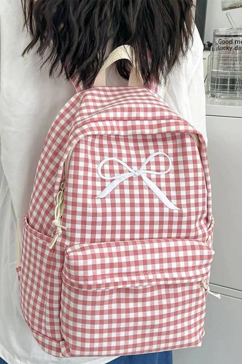 Coquette Bow Embroidered Checkered Backpack