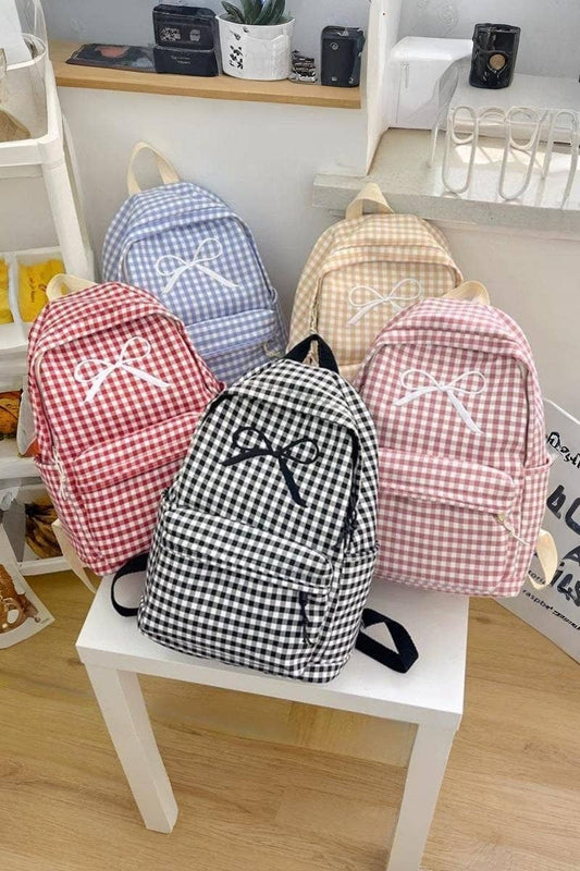 Coquette Bow Embroidered Checkered Backpack