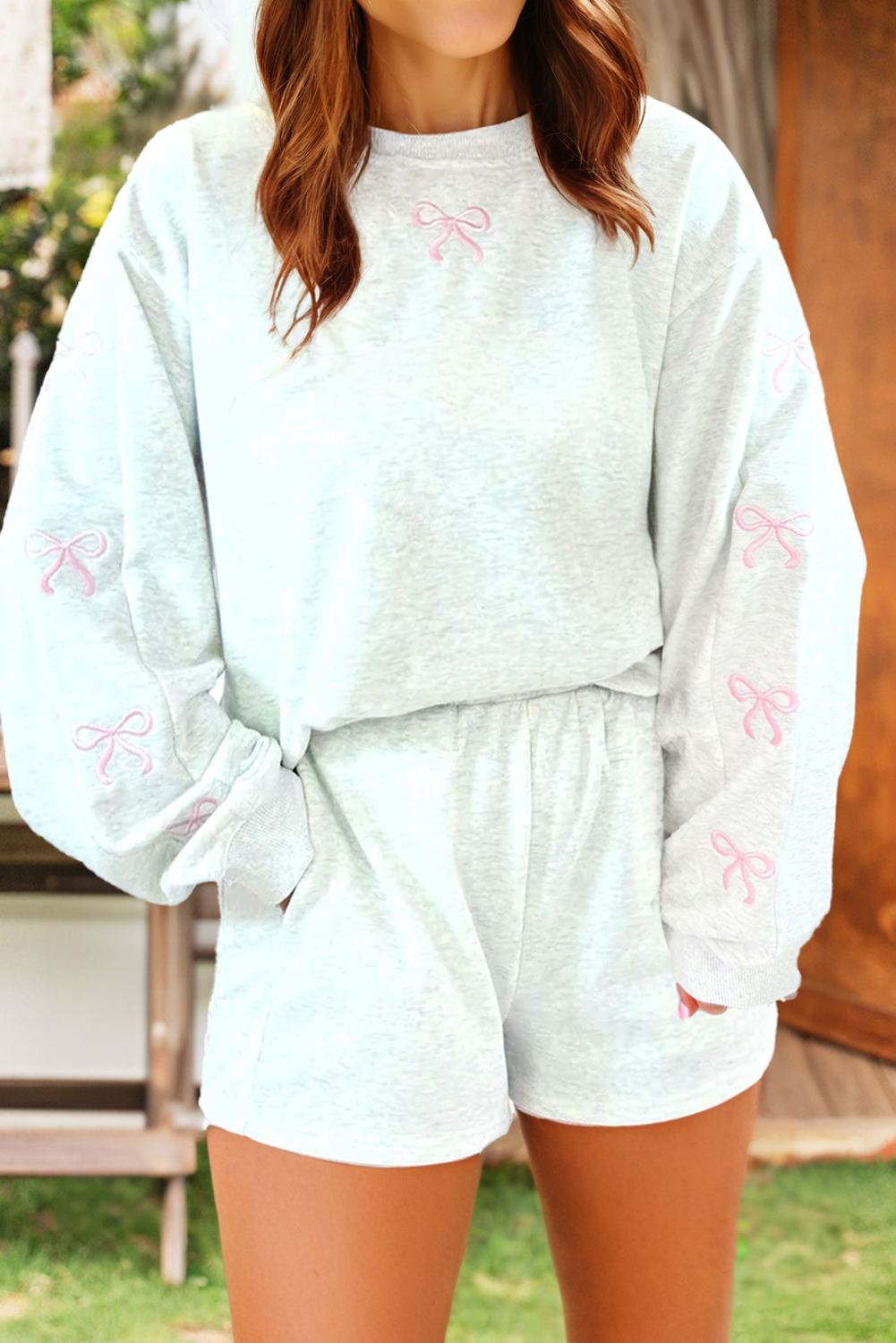 Fashion-W Bow Embroidery Long Sleeve Pullover and Shorts Set