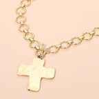 Hammered Matte Metal Cross Pendant Chunky Chain Toggle Necklace