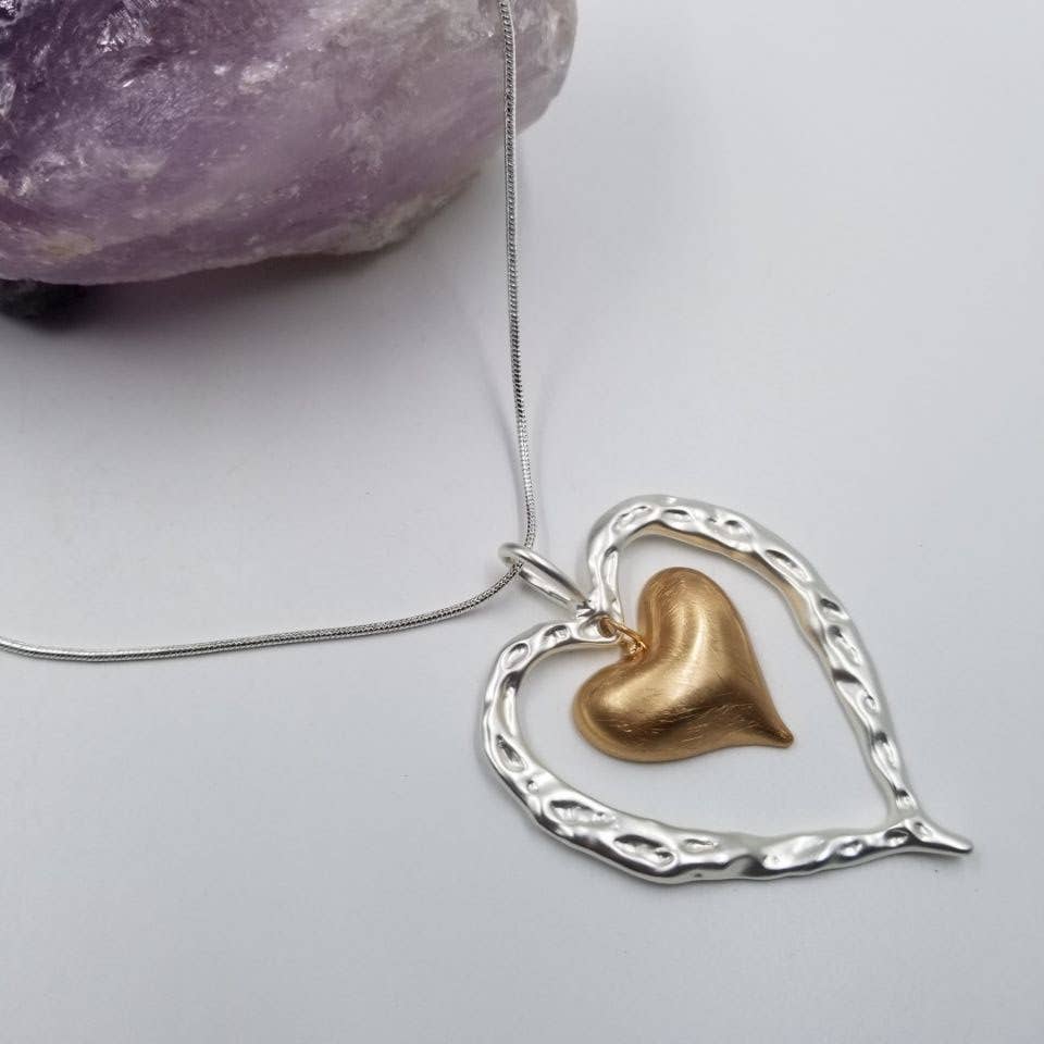 Hammered Tall Heart Pendant Long Necklace