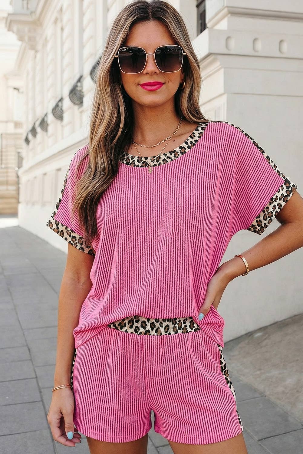 Leopard Trim Twist Ribbed Set