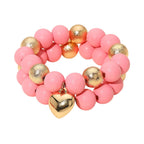 2PCS - Chunky Heart Charm Wooden Metal Ball Beaded Stretch Multi Layered Bracelets