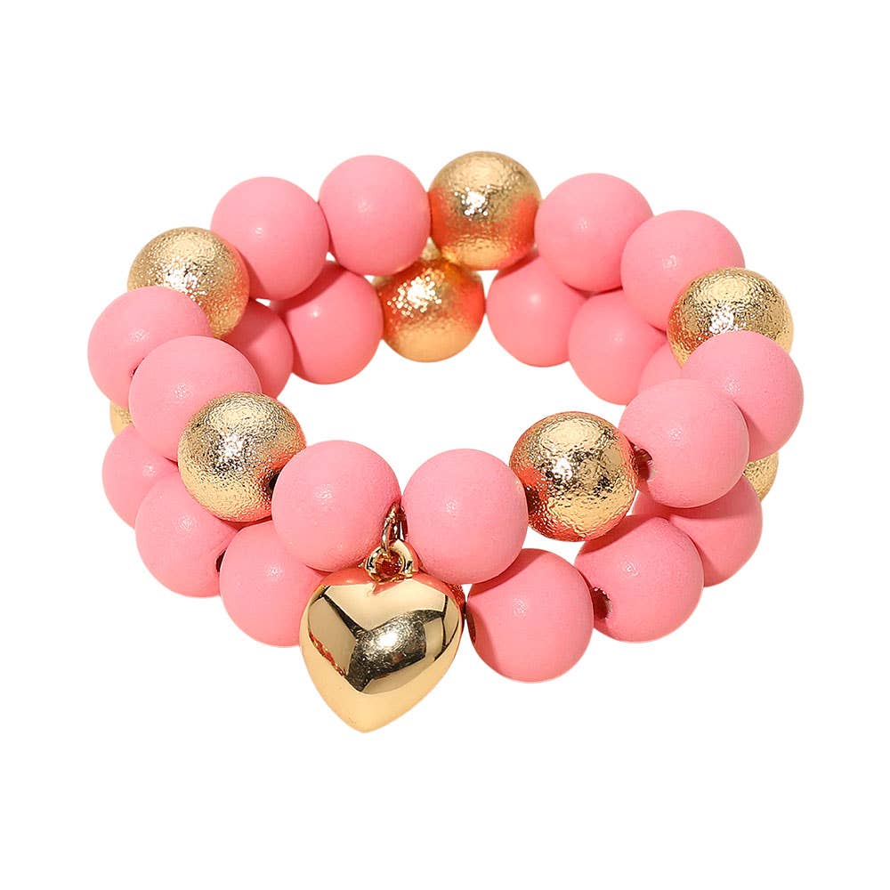2PCS - Chunky Heart Charm Wooden Metal Ball Beaded Stretch Multi Layered Bracelets