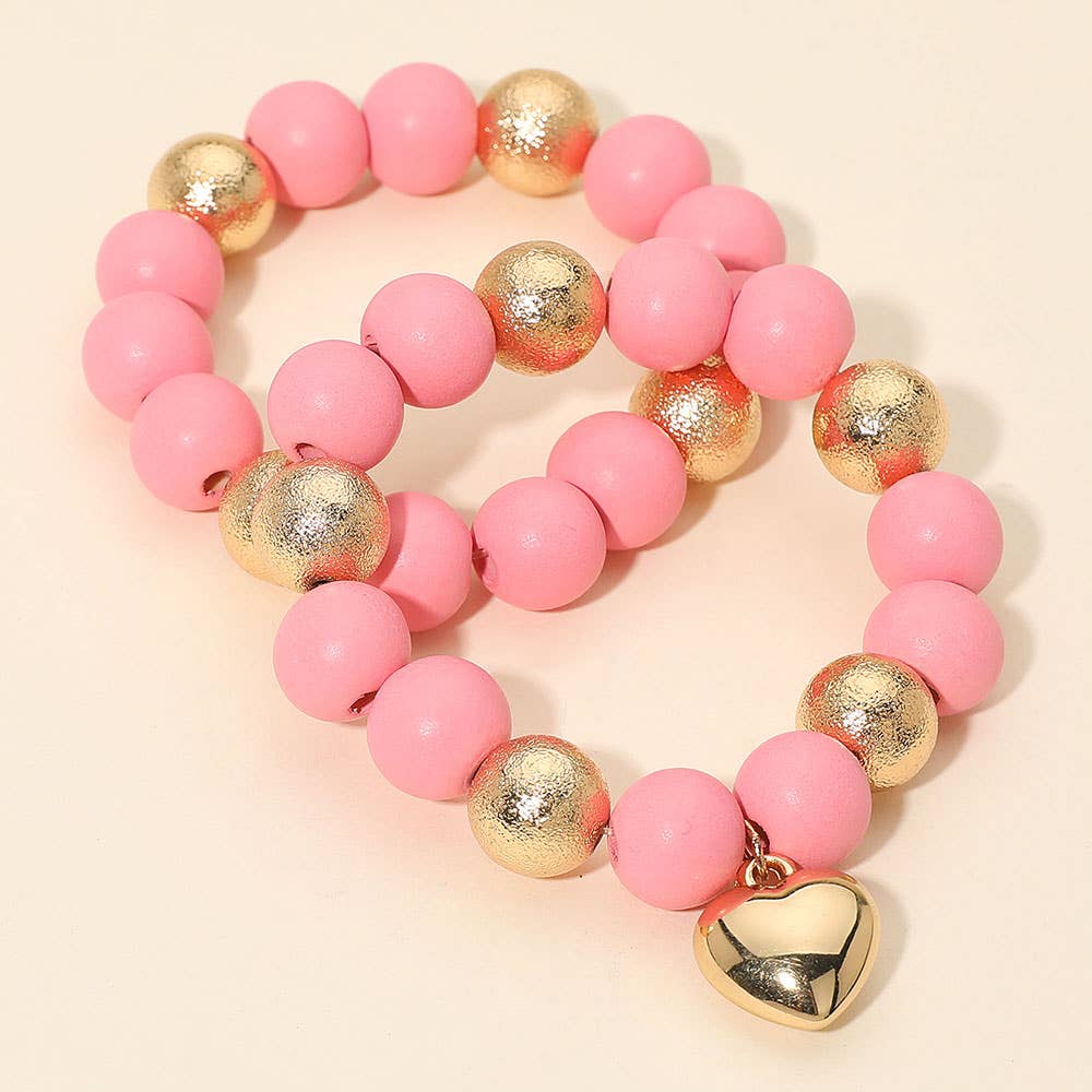 2PCS - Chunky Heart Charm Wooden Metal Ball Beaded Stretch Multi Layered Bracelets