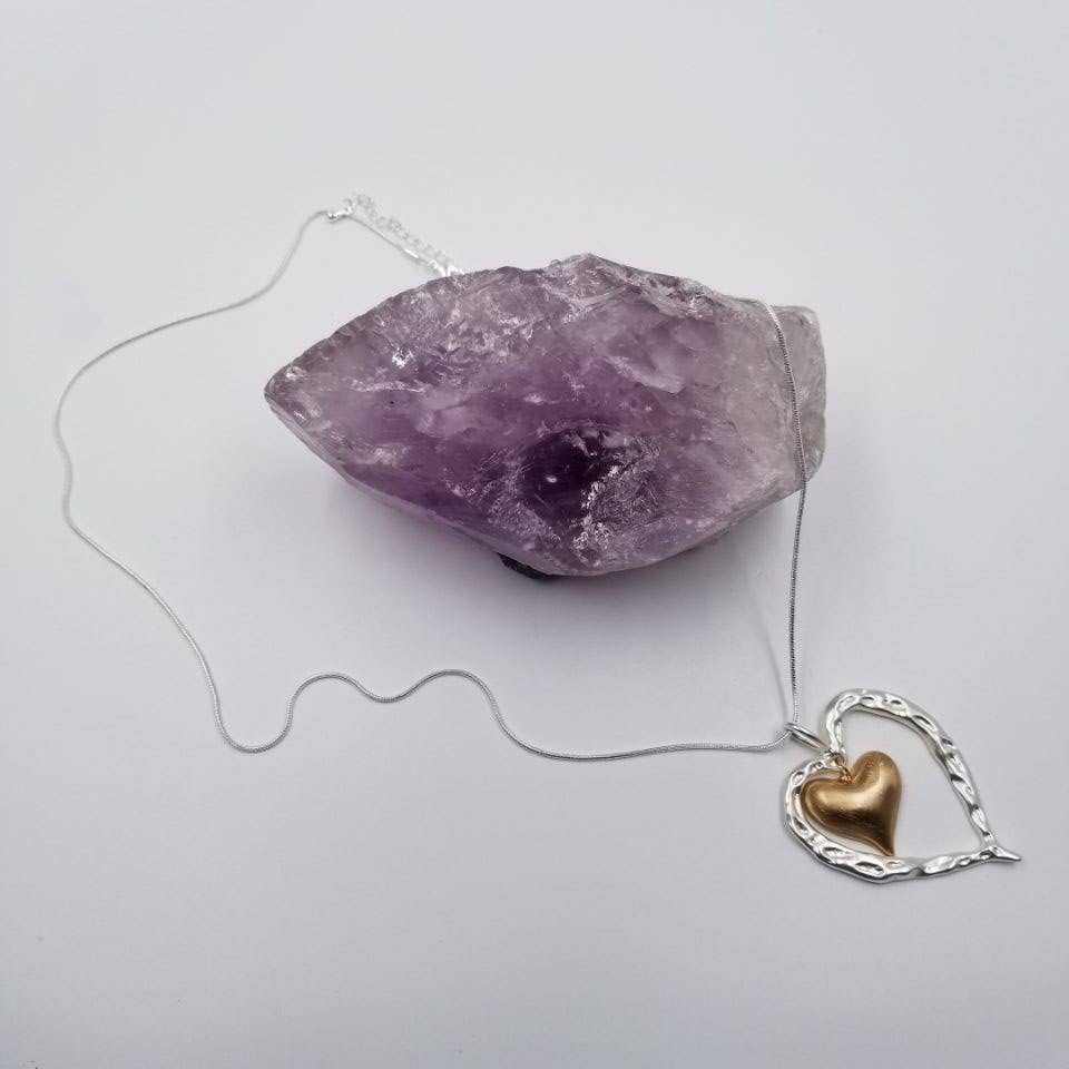 Hammered Tall Heart Pendant Long Necklace