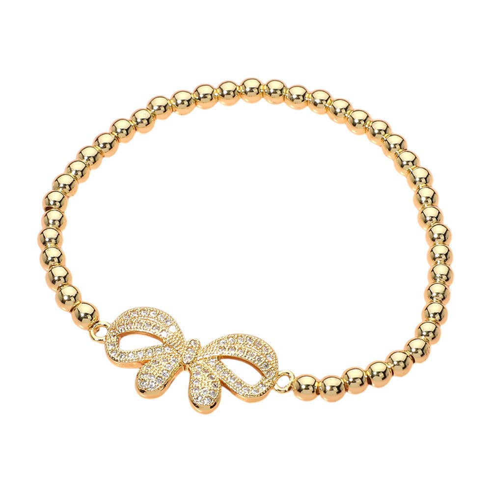 Stainless Steel Stone Paved Bow Ball Beaded Stretch Bracelet