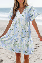 Floral Contrast Edge Tied Neck Mini Dress